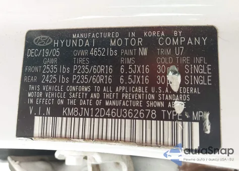 2006 Hyundai Tucson Gls/Limited z USA, uszkodzony, nr VIN KM8JN12D46U362678